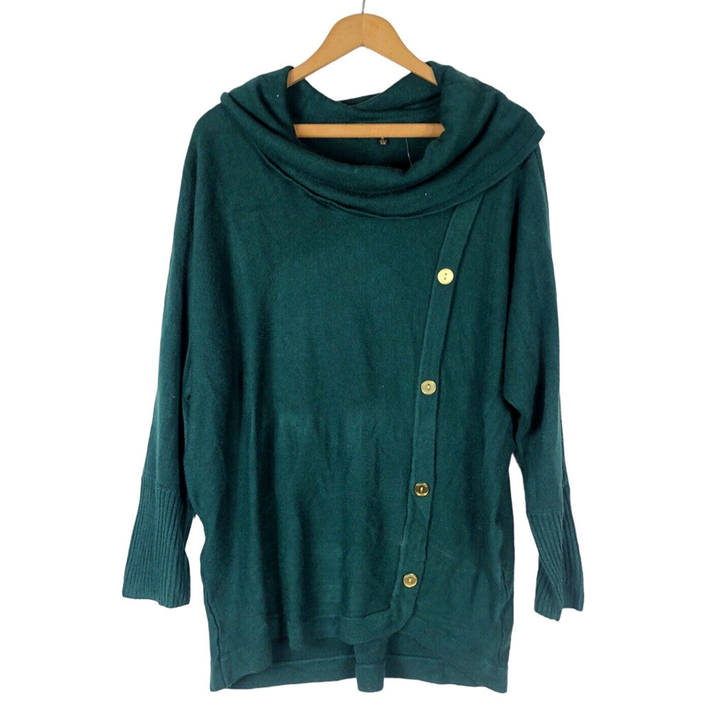 Adrienne Vittadini XL Sweater Tunic Emerald Green Gold Button Scoop Neck NEW